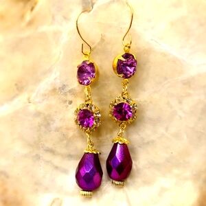 Victorian Mettalic Fuchsia Pink Flower & Swarovski Crystal Long In GP Earrings